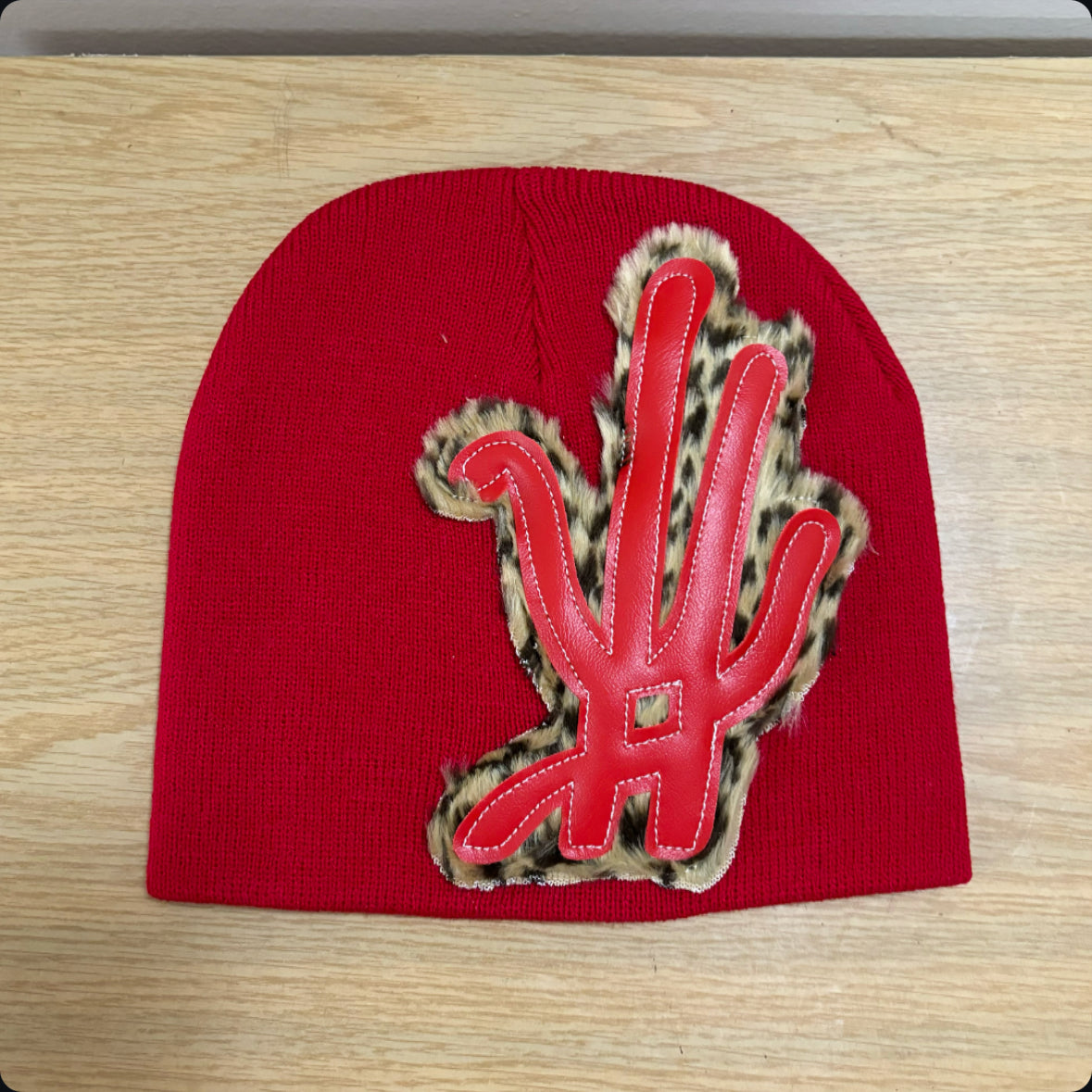 red cheetah fur beanie