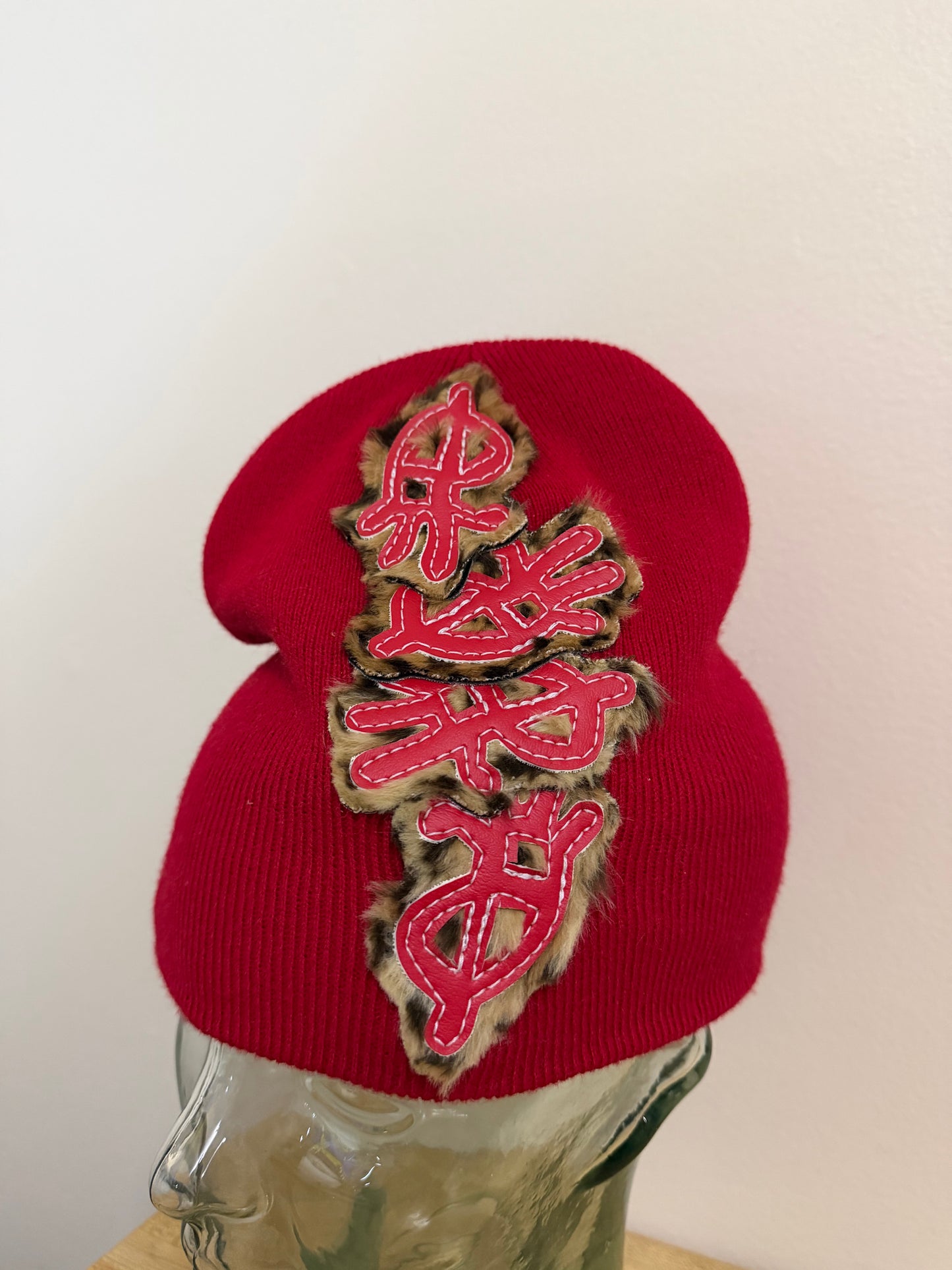 red cheetah stacK beanie