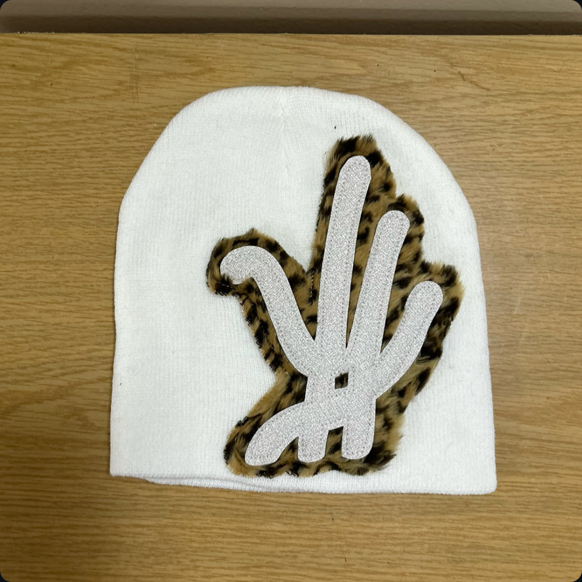 white cheetah fur beanie