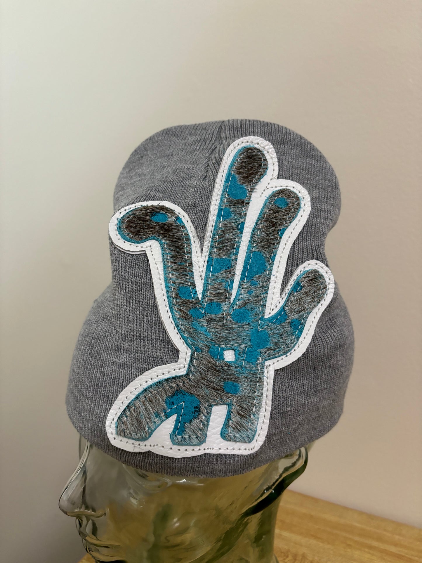 grey/ blue cowhide beanie