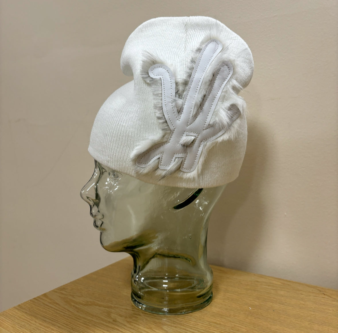 white frosted fur beanie