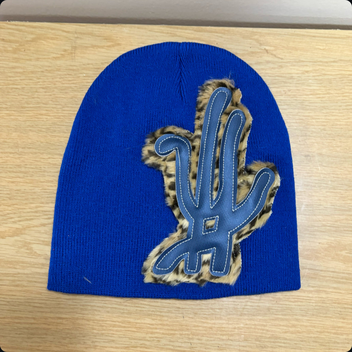 blue cheetah fur beanie