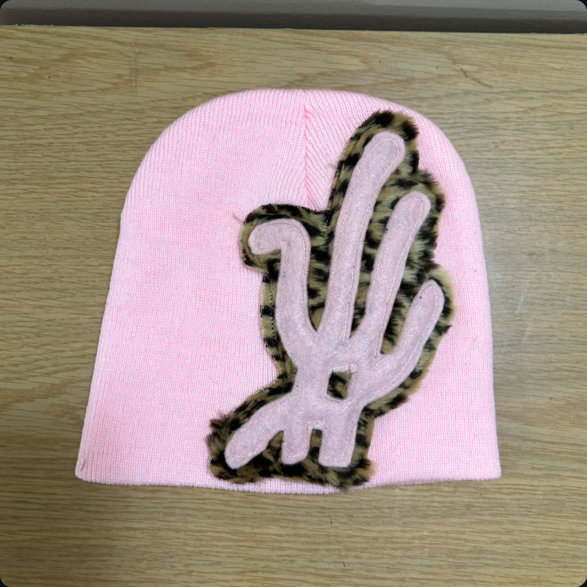 pastel pink cheetah fur beanie