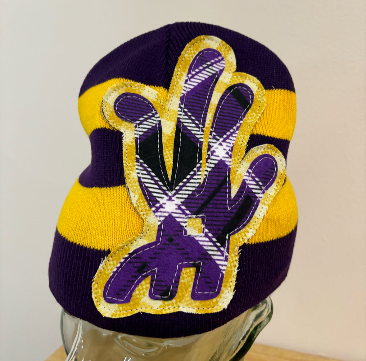 gold + purple plaid striped beanie