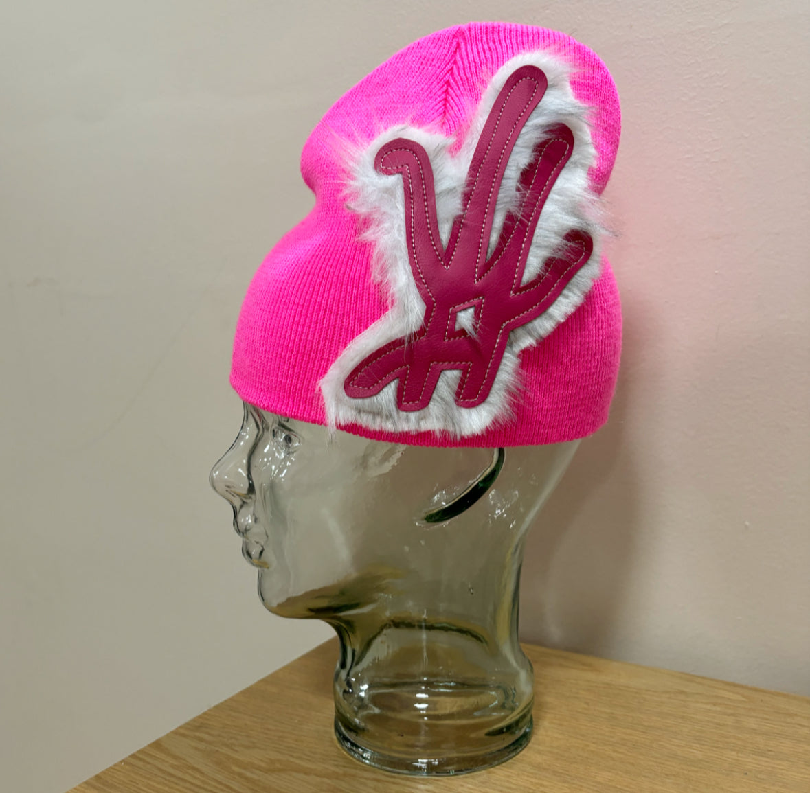 hot pink frosted fur beanie