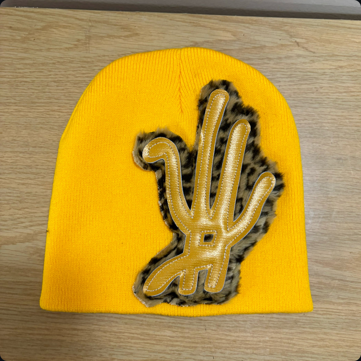 yellow cheetah fur beanie