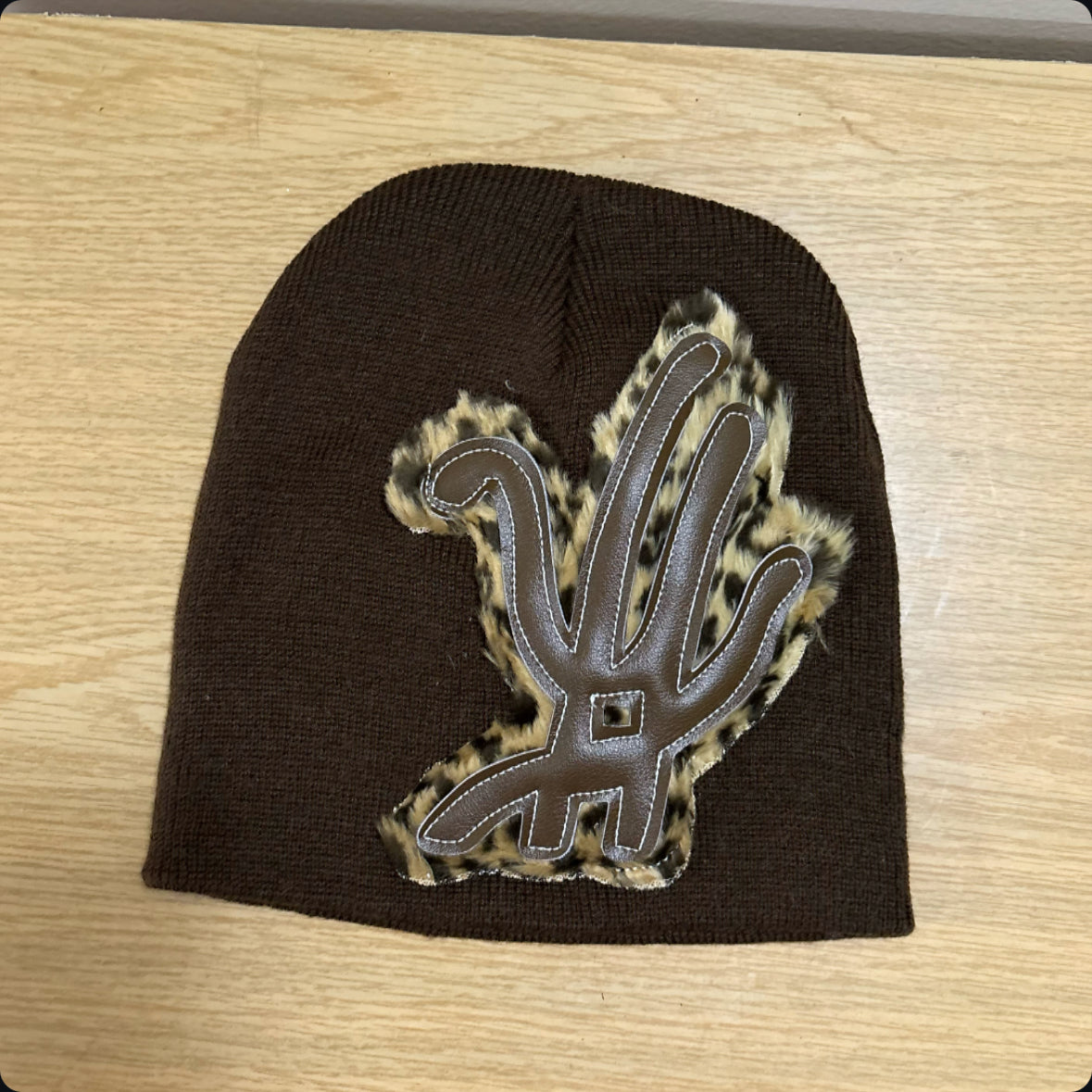 brown cheetah fur beanie