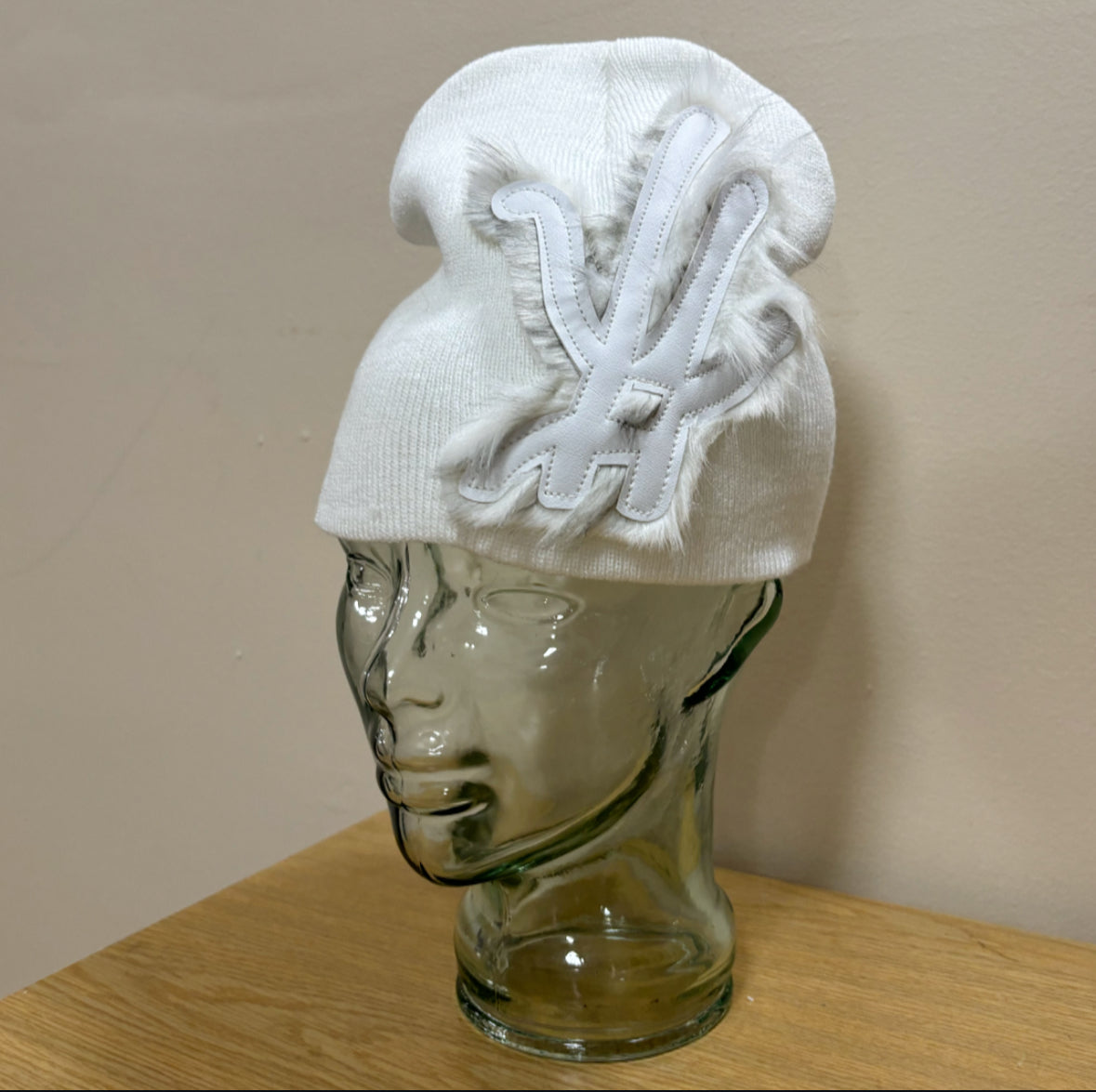 white frosted fur beanie