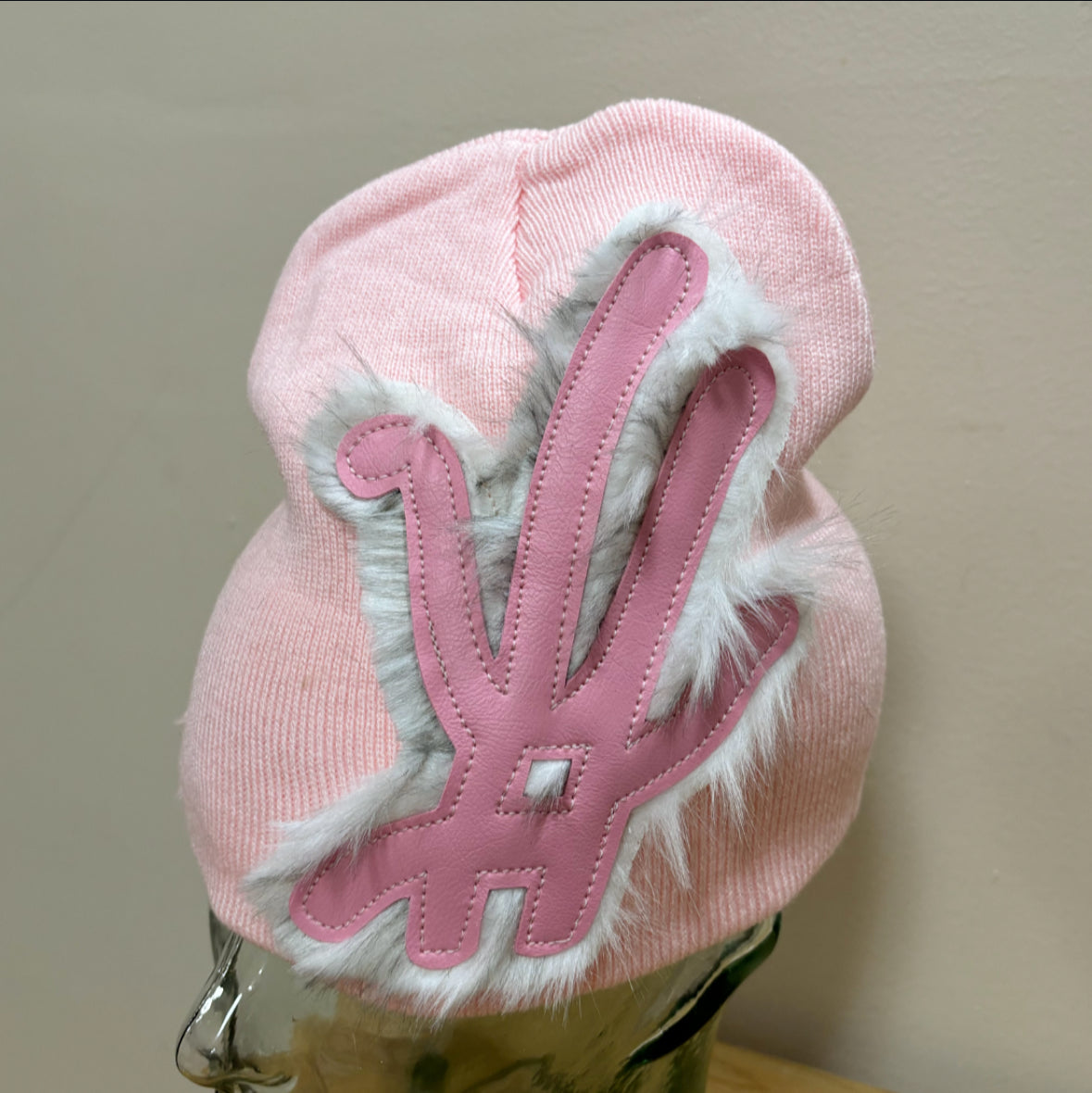 pink frosted fur beanie