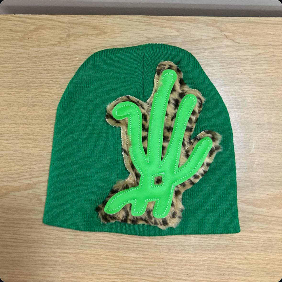 green cheetah fur beanie