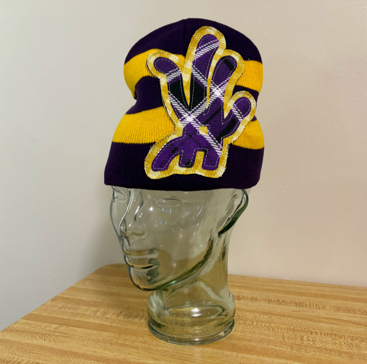 gold + purple plaid striped beanie