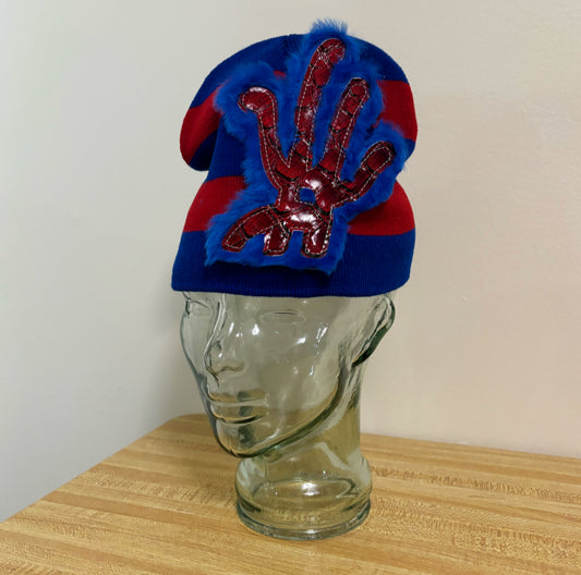 red + blue striped fur beanie