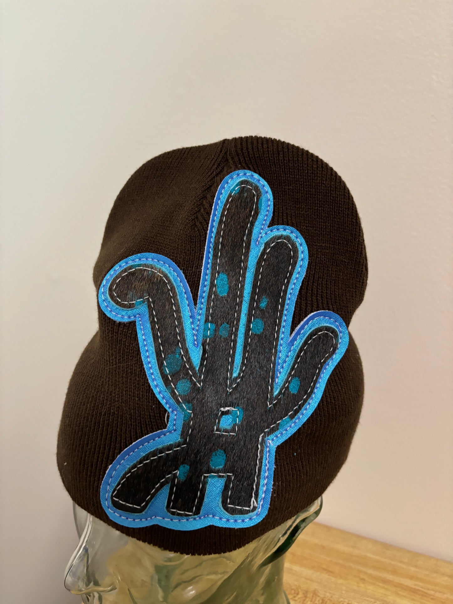 sea blue/ brown cowhide beanie