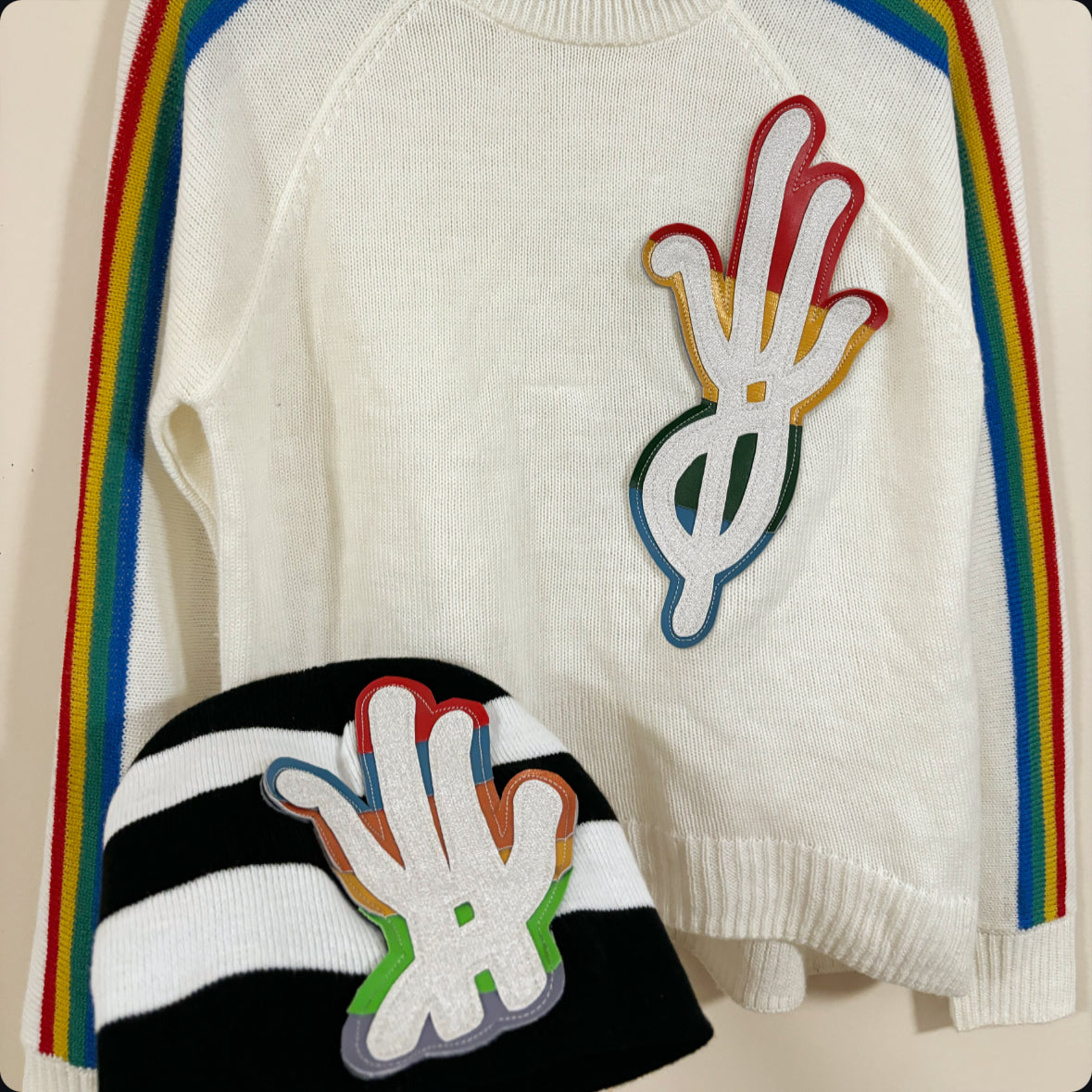 multi-color SET (knit sweater (medium)+ striped beanie (multi-color)