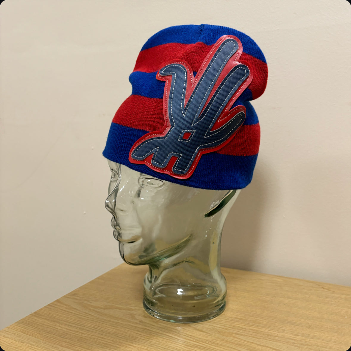 red/ blue striped beanie