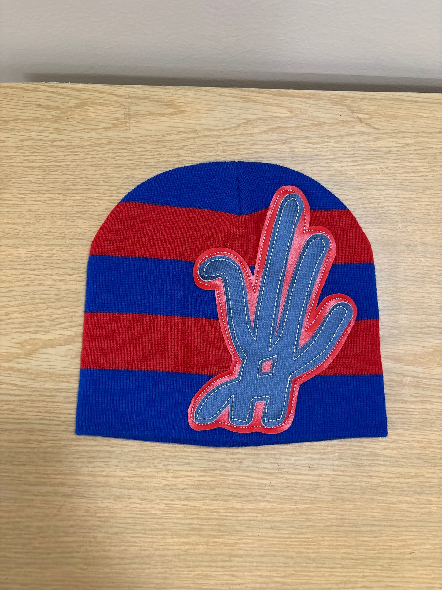 red/ blue striped beanie