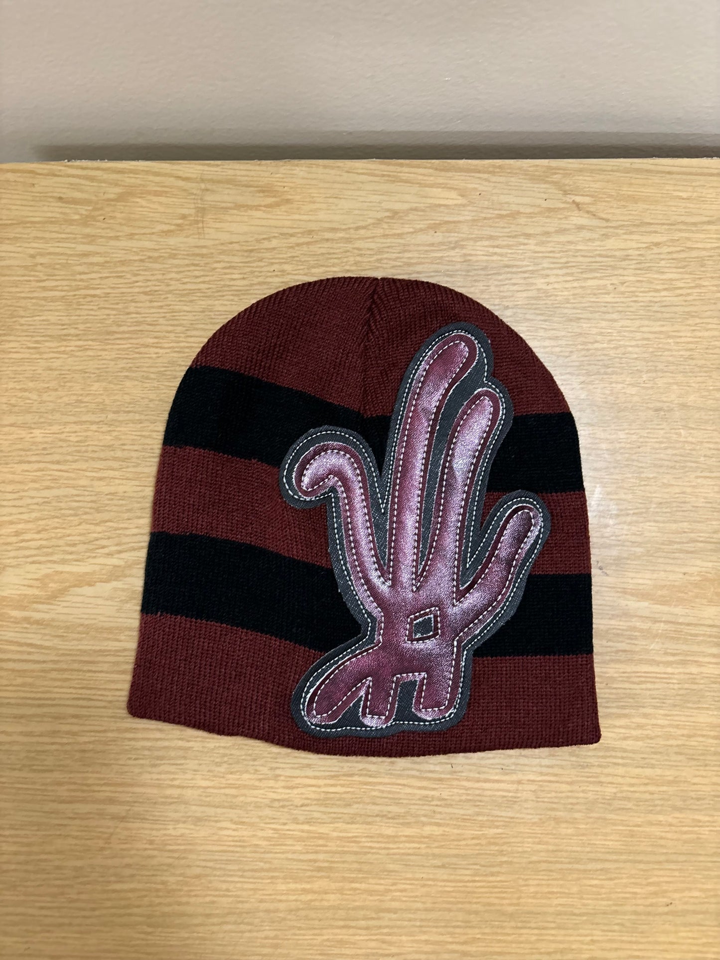 maroon/ black striped beanie