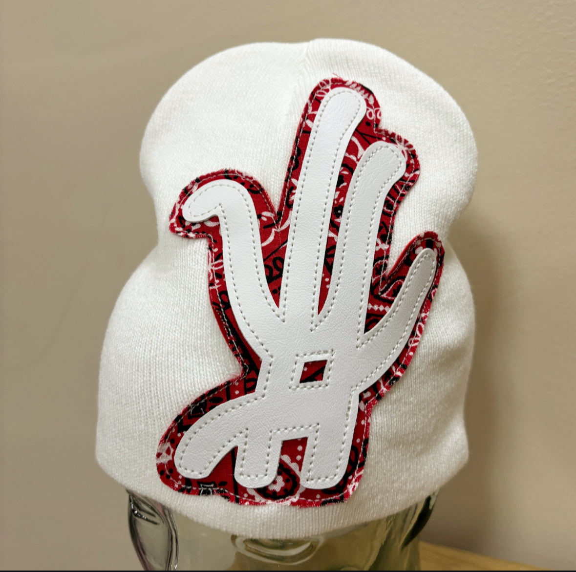 white red paisley beanie