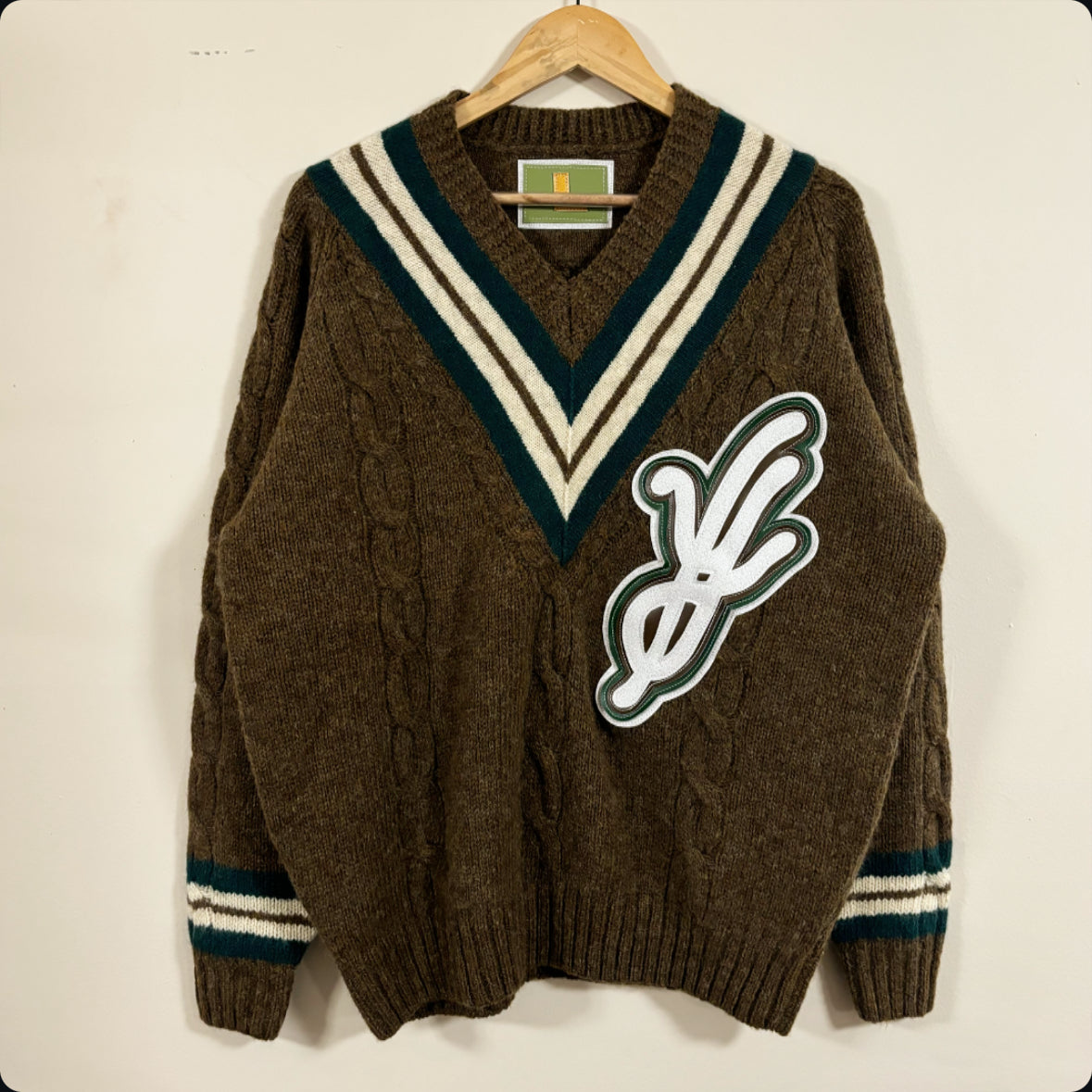 chocolate/ forest leather logo wool knit sweater (LARGE)