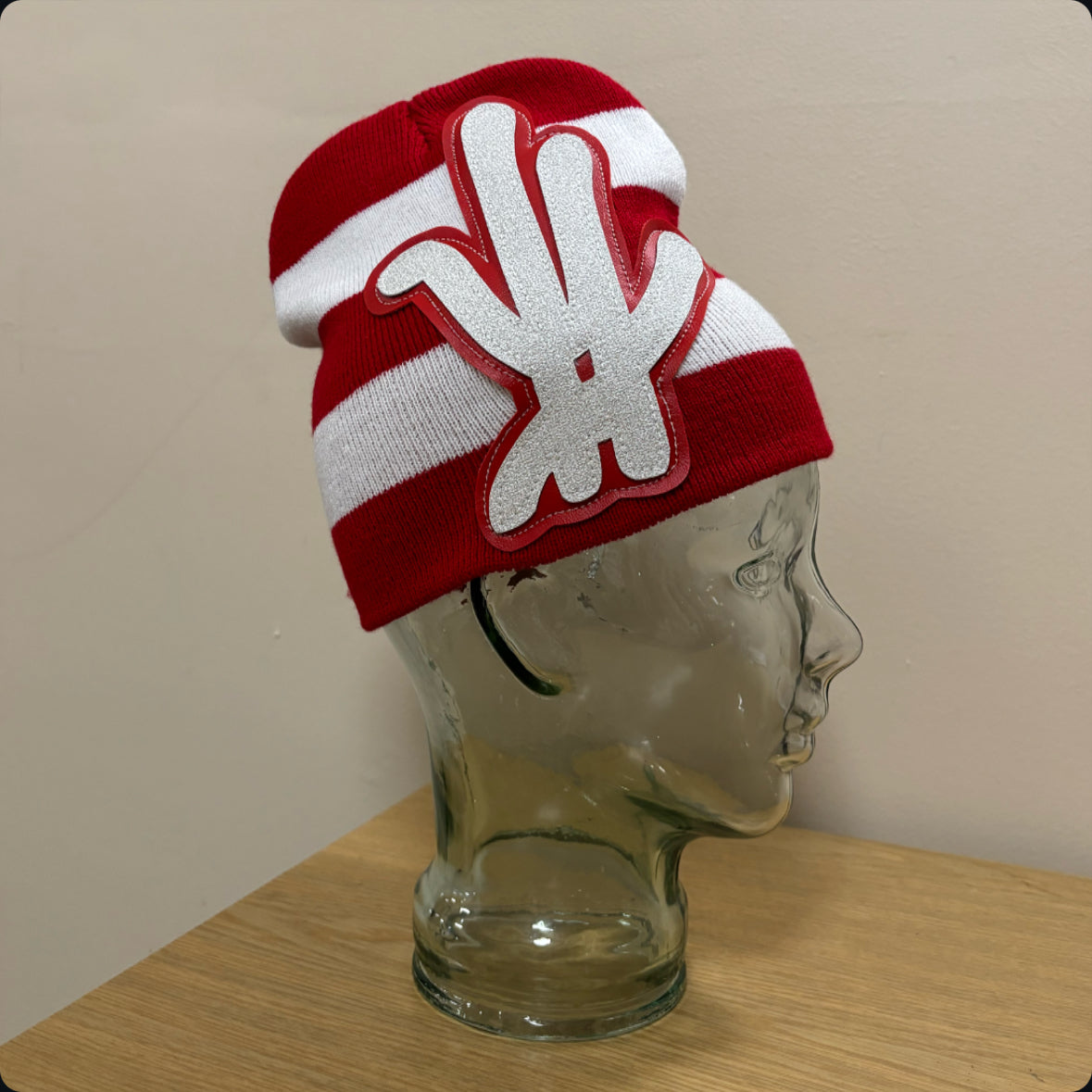 red/ white striped beanie