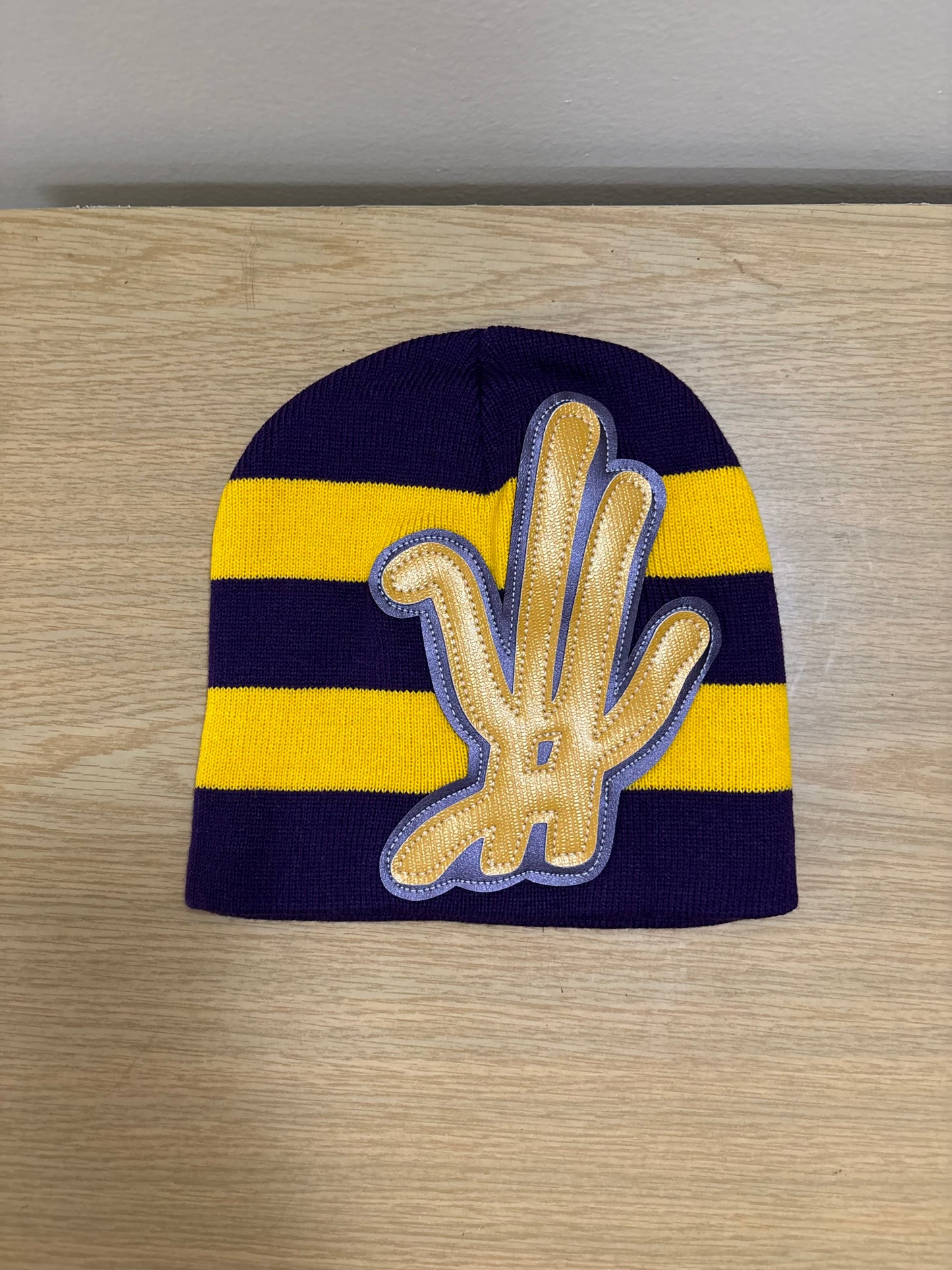 purple/ yellow striped beanie