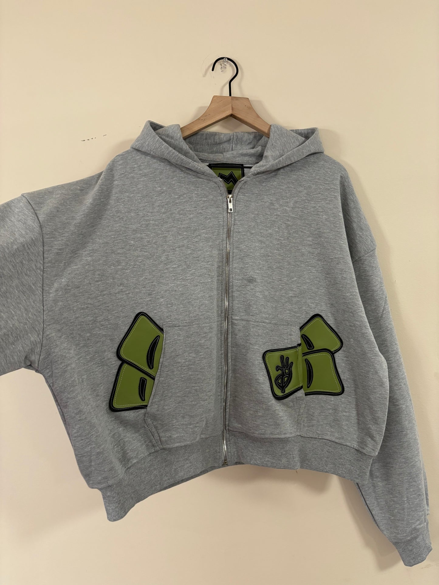 “pockets full” grey cropped full zip hoodie