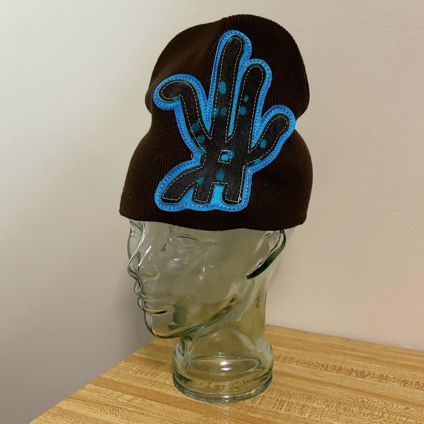 sea blue/ brown cowhide beanie