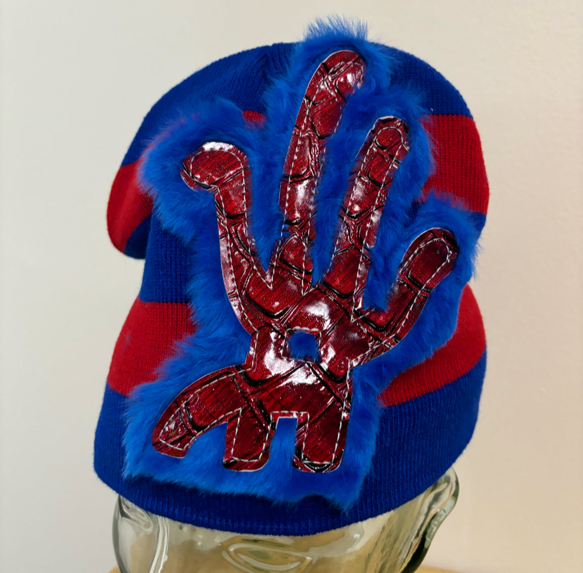 red + blue striped fur beanie